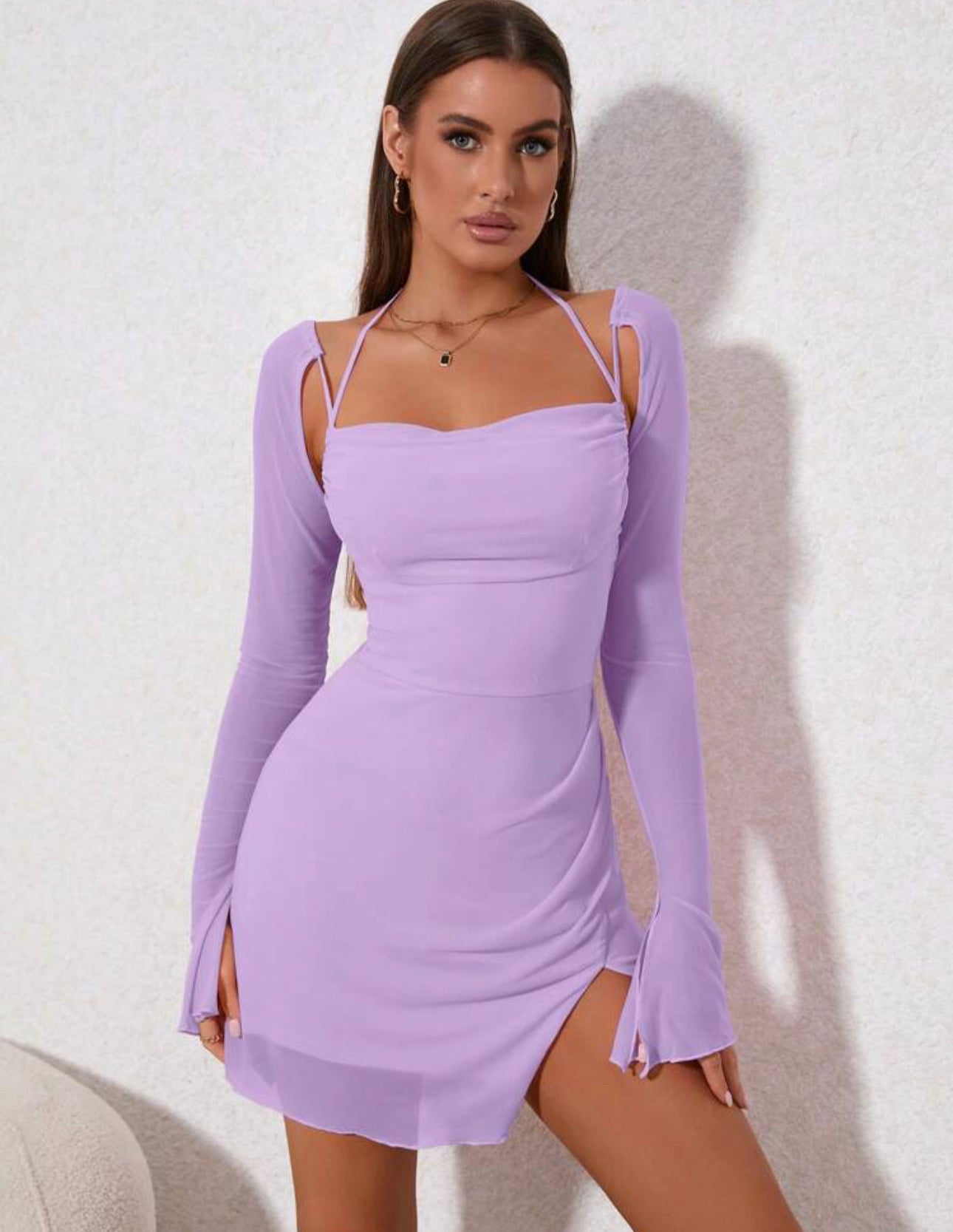 Split Flounce Sleeve Wrap Hem Mesh Bodycon Dress