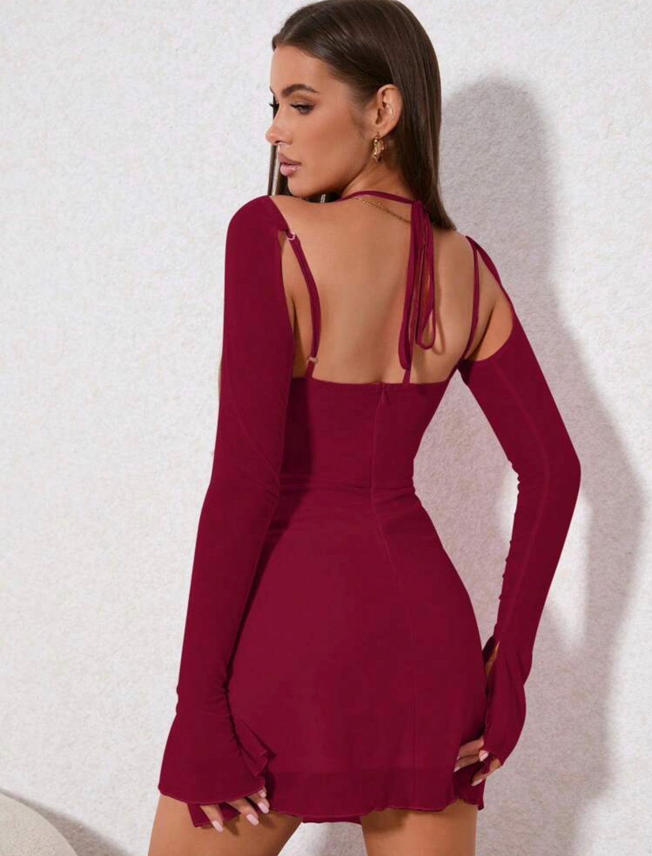 Split Flounce Sleeve Wrap Hem Mesh Bodycon Dress