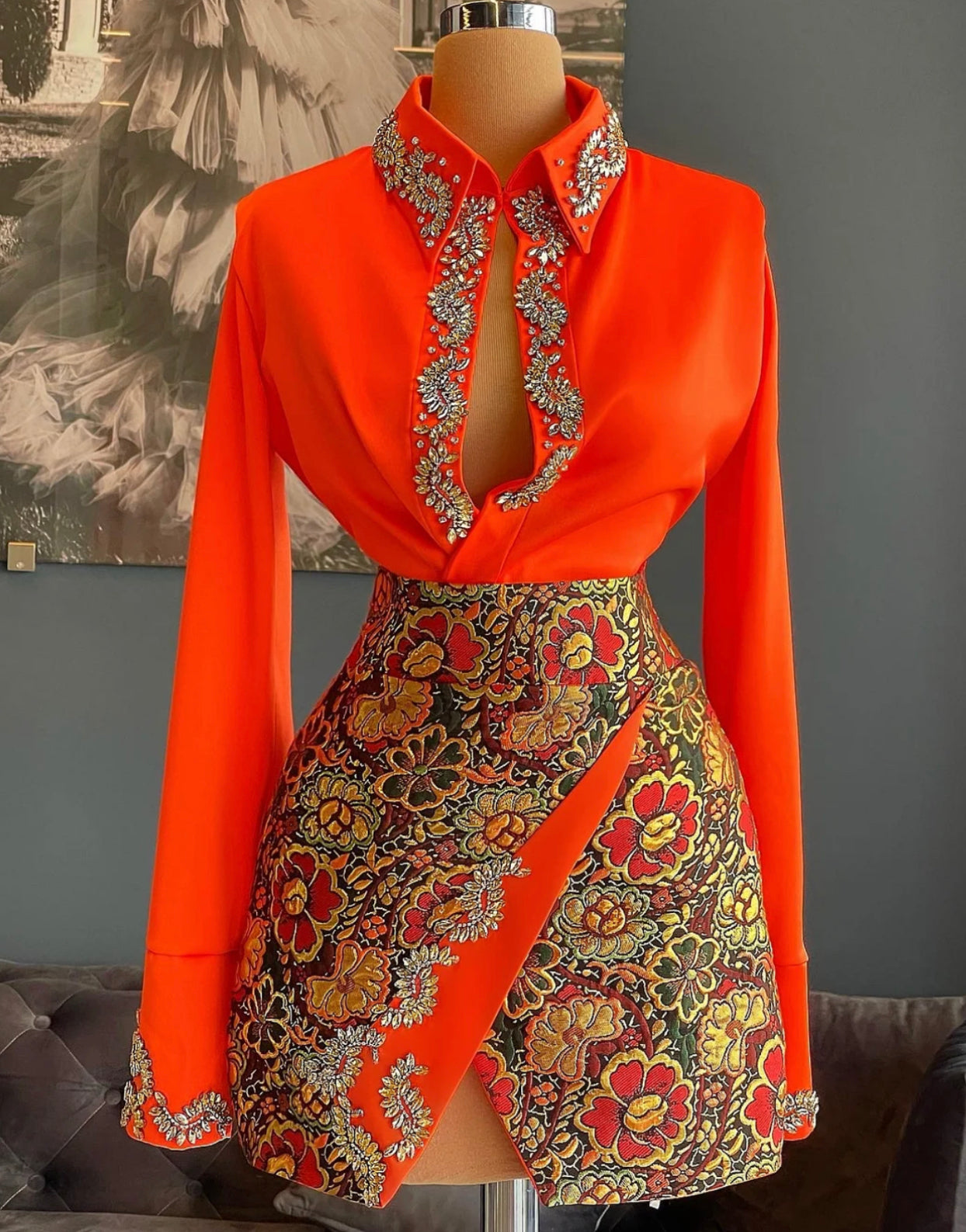 Orange Satin Shirt & Brocade Floral Skirt