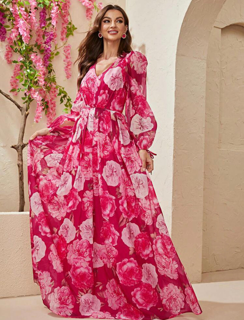 Floral Lantern Sleeve Maxi Dress