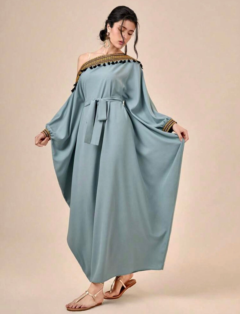 Asymmetrical Neck Batwing Sleeve Belted Dress