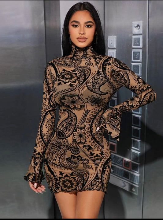 Paisley velvet High neck velvet bodycon dress