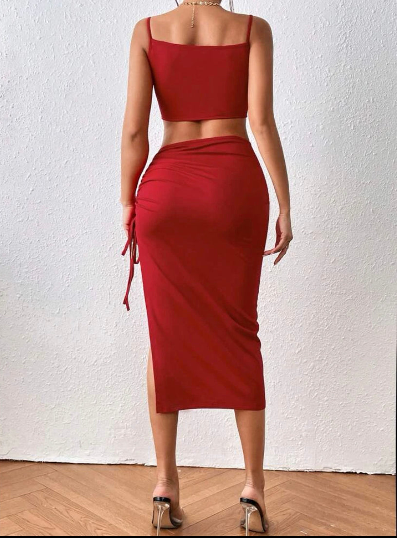 Cut Out Drawstring Side Split Thigh One Shoulder Dress