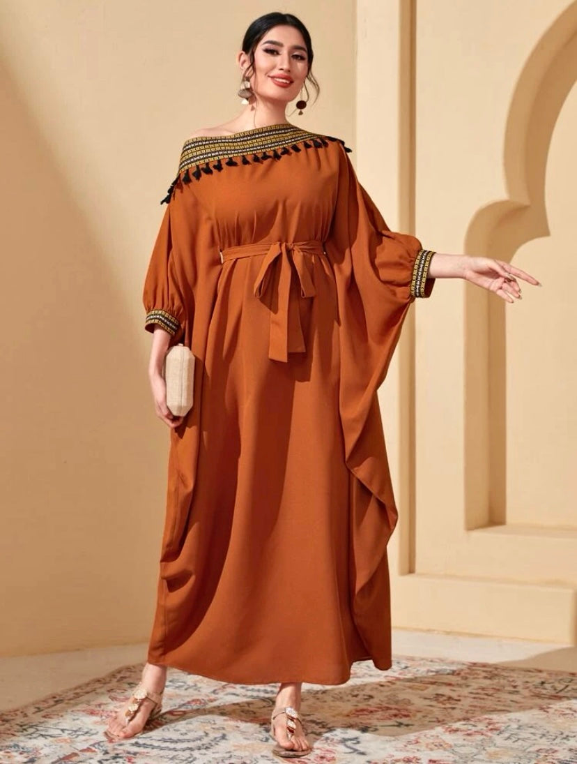 Asymmetrical Neck Batwing Sleeve Belted Dress