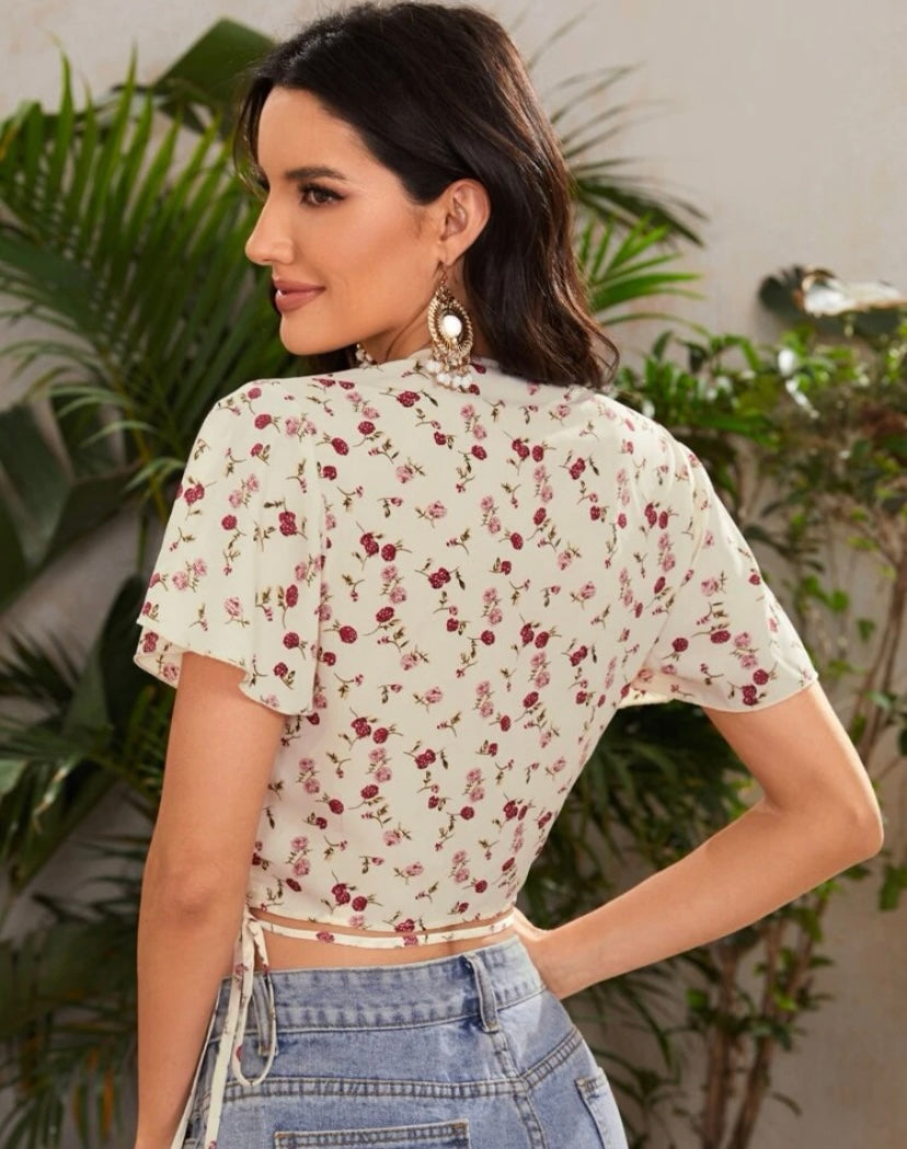 Ditsy Floral Wrap Belted Crop Top