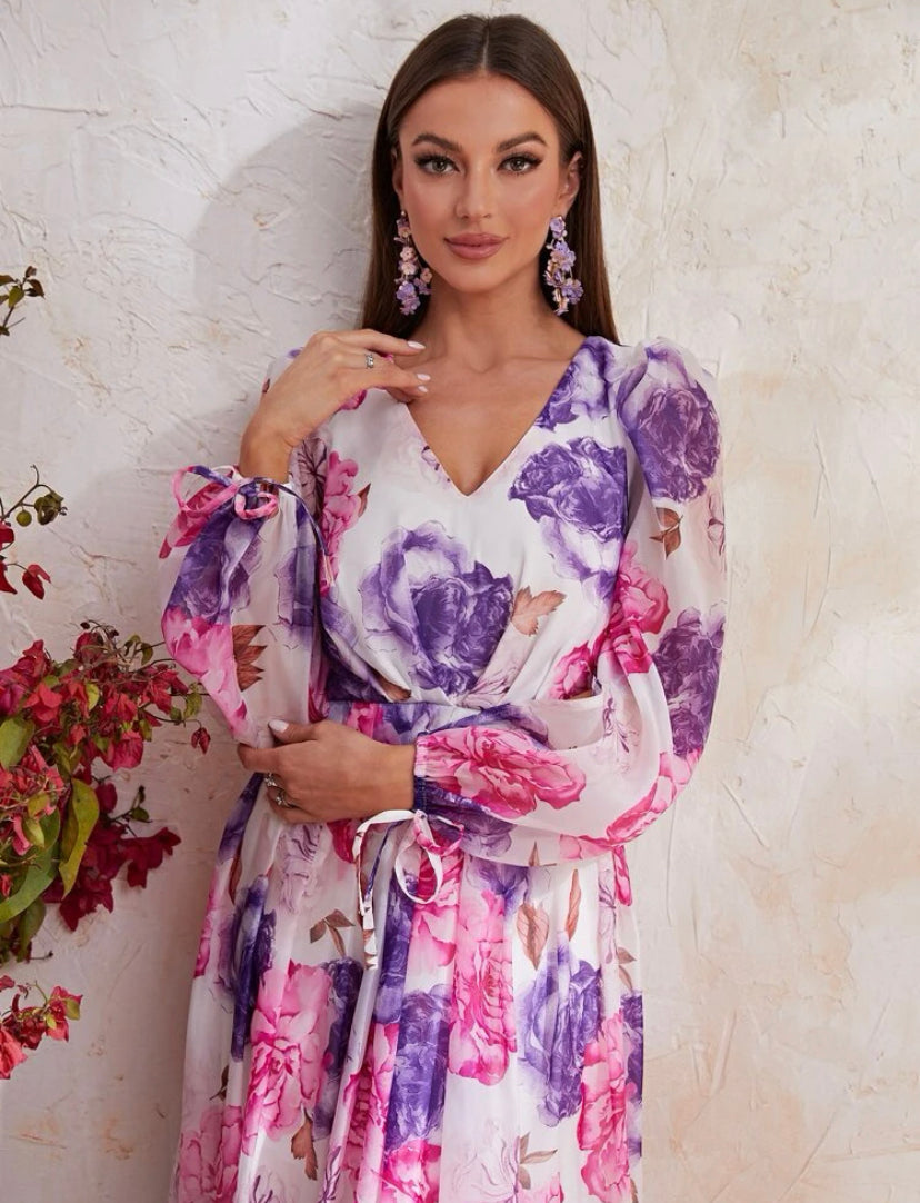 Floral Lantern Sleeve Maxi Dress