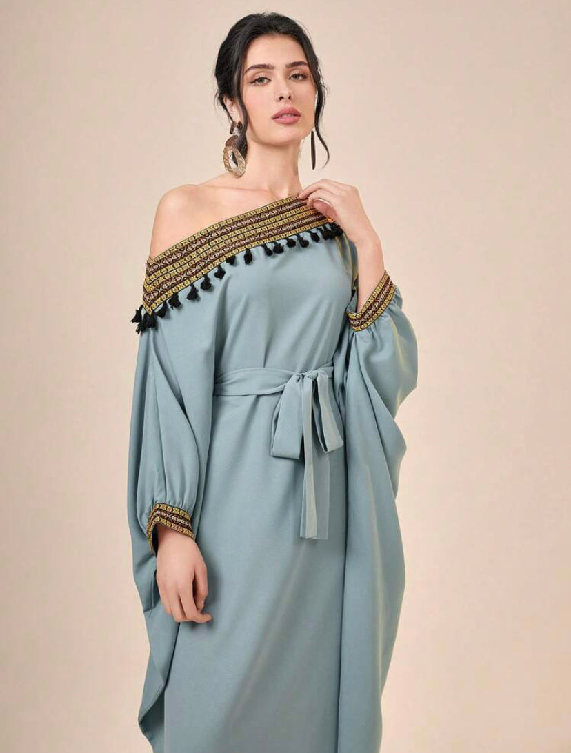 Asymmetrical Neck Batwing Sleeve Belted Dress