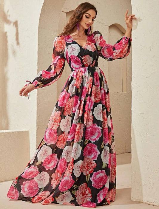 Floral Lantern Sleeve Maxi Dress