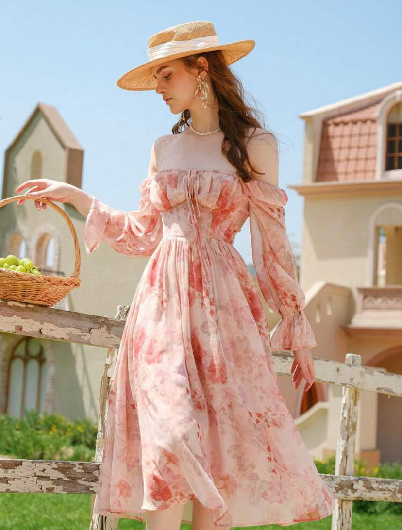 Pink floral off shoulder dress